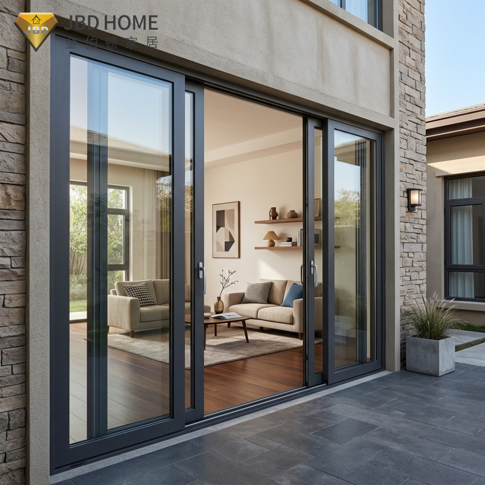 Puerta corredera de cristal de aleación de aluminio con rotura de puente térmico, doble acristalamiento, sistema de entrada insonorizado para viviendas modernas.