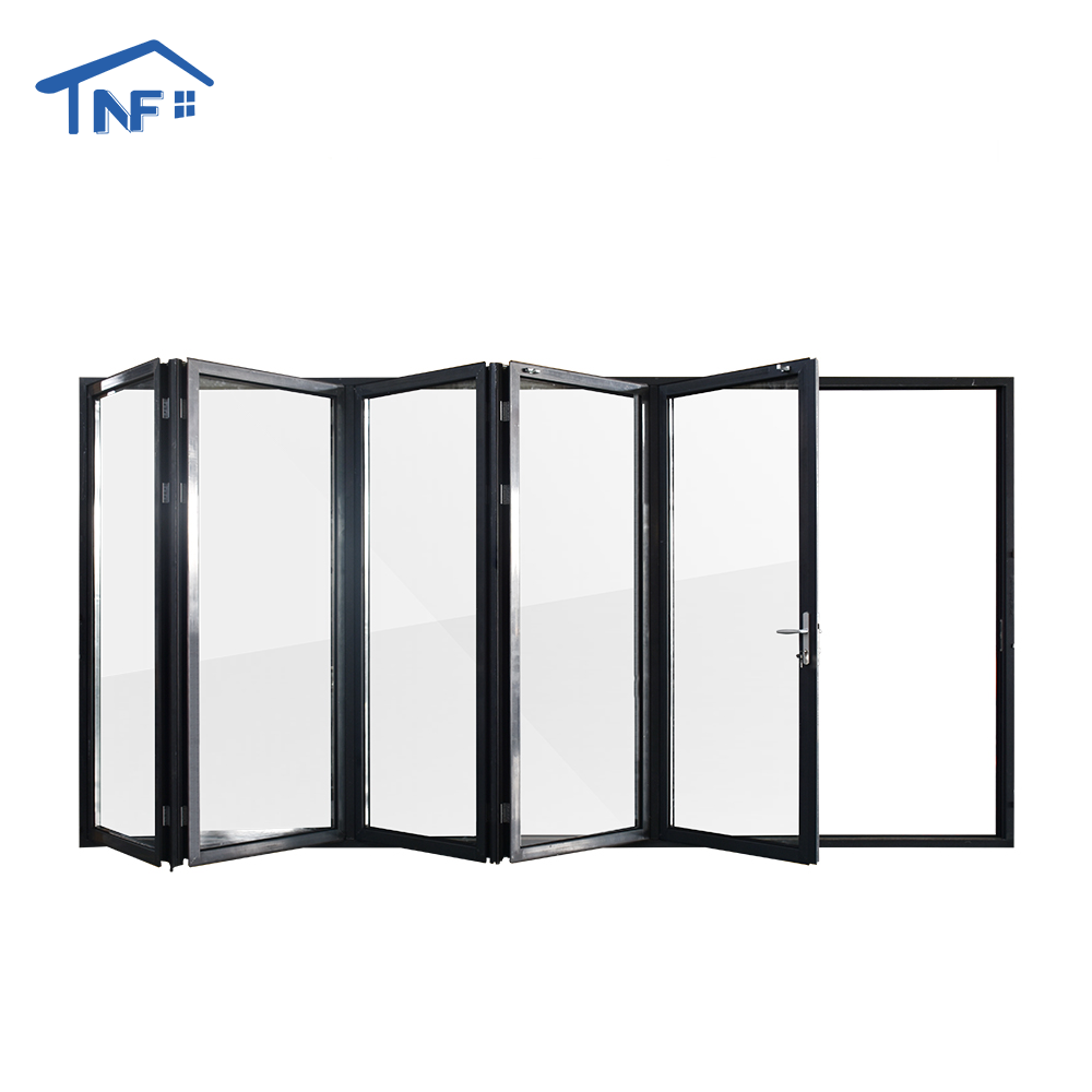 Puertas exteriores plegables de doble panel de vidrio sin marco, de aleación de aluminio, para hoteles modernos, con aislamiento térmico y certificación CE.