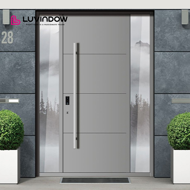 Puerta de entrada frontal pivotante moderna de aluminio de gran tamaño para exteriores, con diseño impermeable y resorte, apta para uso exterior.