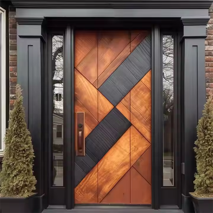 Puerta de entrada pivotante residencial de alta gama con diseño personalizado, tallado 3D moderno, madera maciza y aluminio.