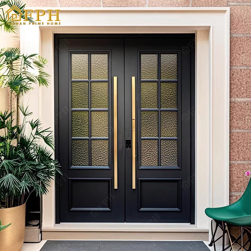 Puerta de entrada doble de aluminio estilo francés moderno DDP para EE. UU. con vidrio templado y puerta exterior arqueada para casas.