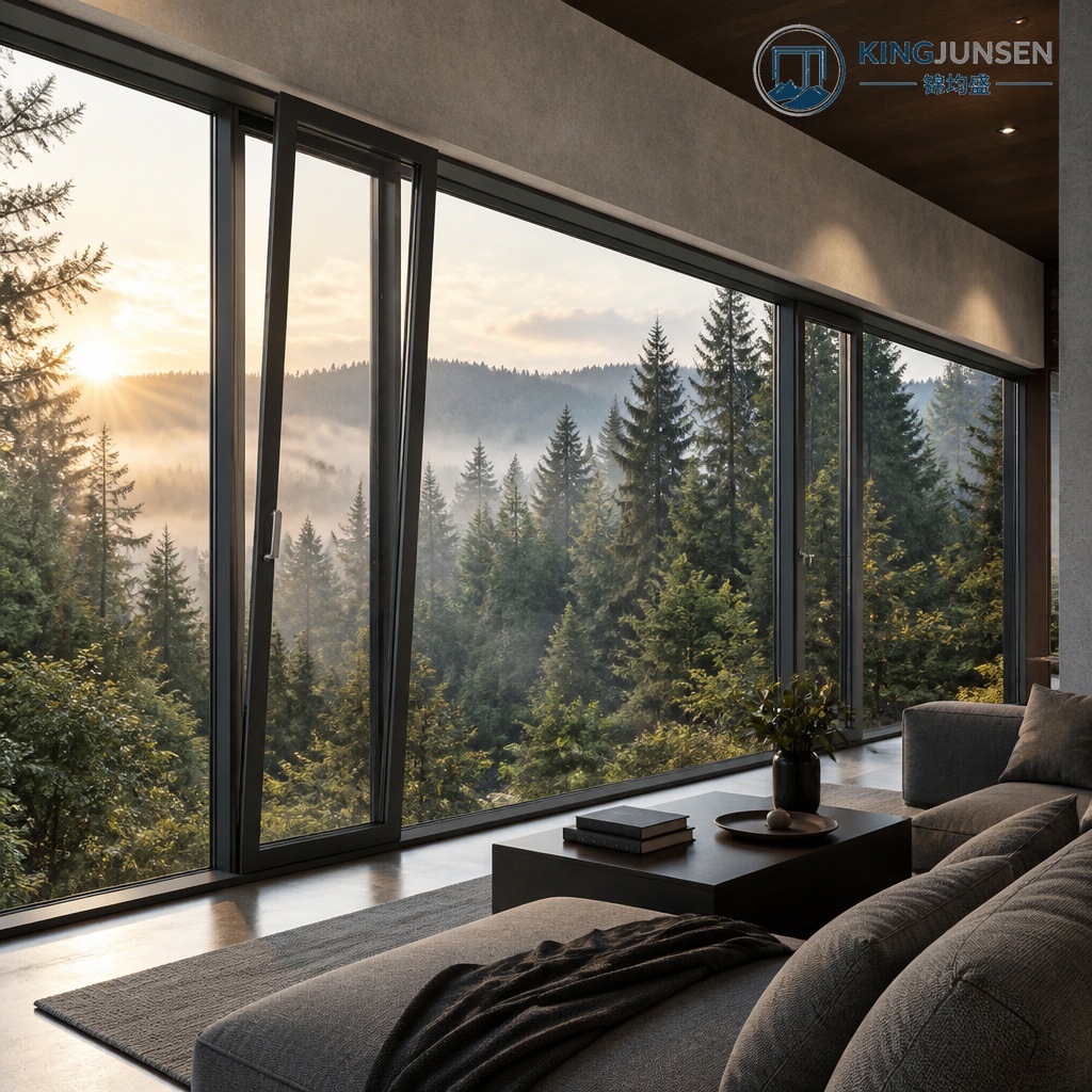 Ventanas y puertas modernas de aluminio con marco abatible, lamas, doble acristalamiento de baja emisividad (Low-E) para ahorro energético y sistema oscilobatiente.