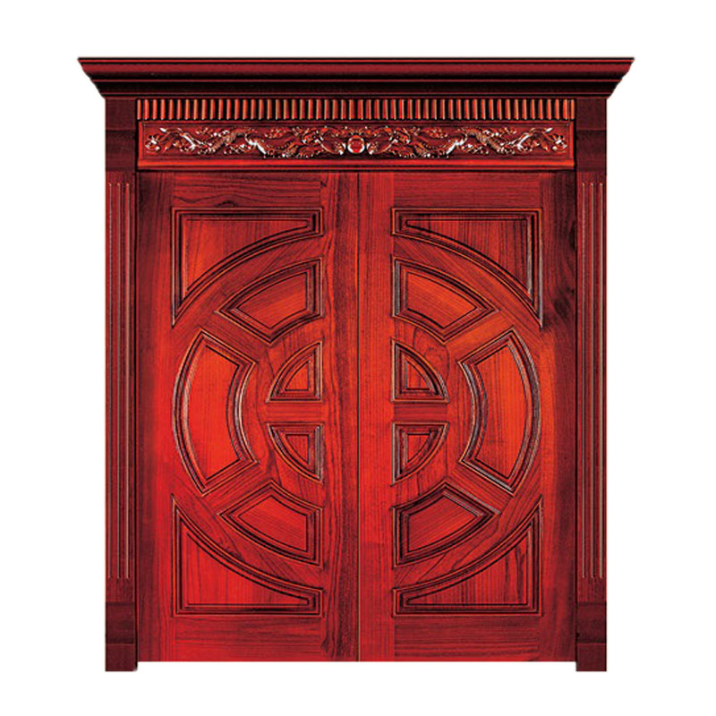 Puertas de entrada dobles de madera maciza de caoba, de estilo tradicional, con apertura manual y superficie acabada, ideales para villas.