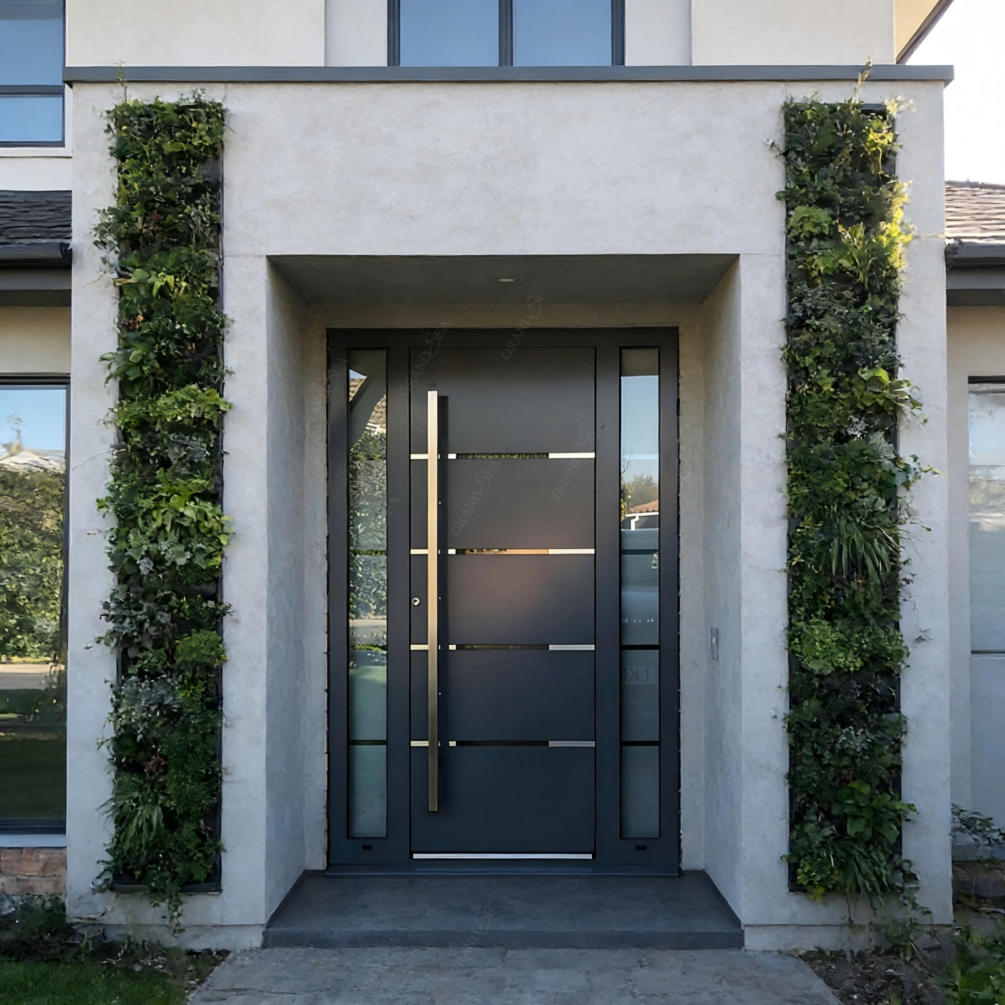 Puertas de seguridad de entrada para villas de lujo, puertas exteriores delanteras de aluminio y metal, puertas de entrada pivotantes modernas de acero inoxidable para uso residencial.