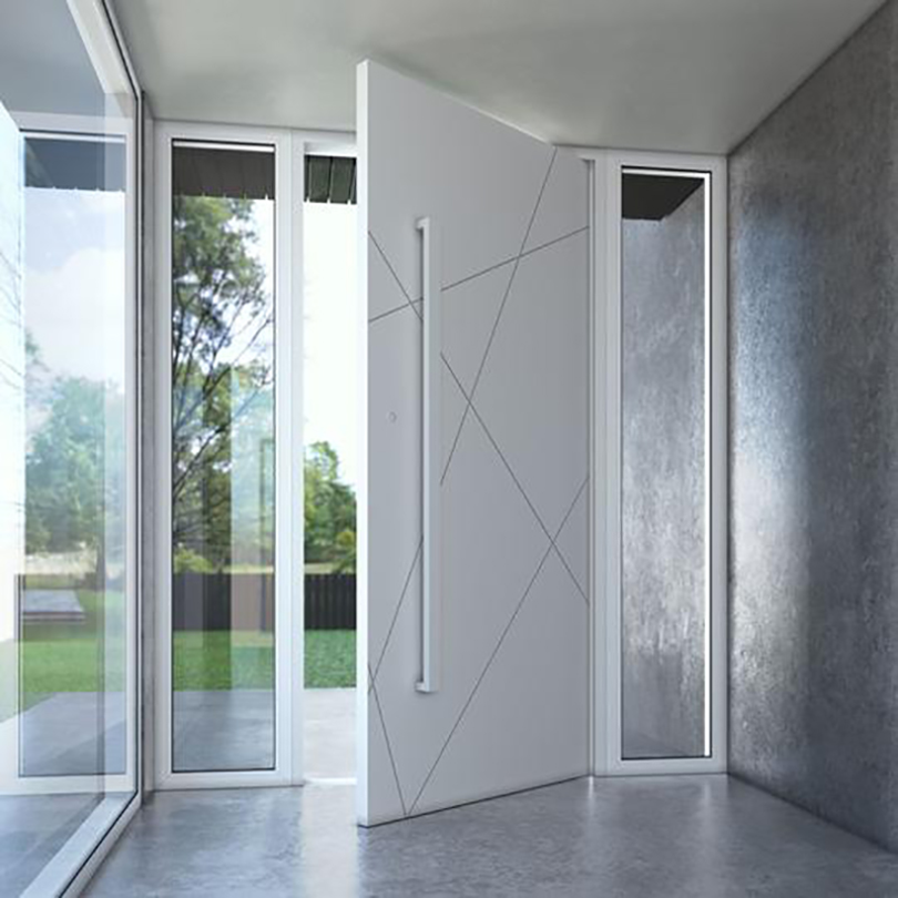 Puertas pivotantes de entrada exterior de gran tamaño, modernas, de madera maciza negra y aluminio.