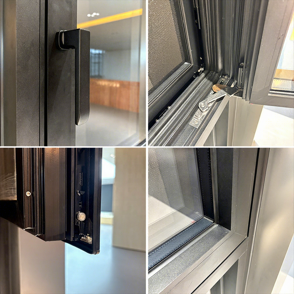 Ventanas y puertas modernas de aluminio con marco abatible, lamas, doble acristalamiento de baja emisividad (Low-E) para ahorro energético y sistema oscilobatiente.