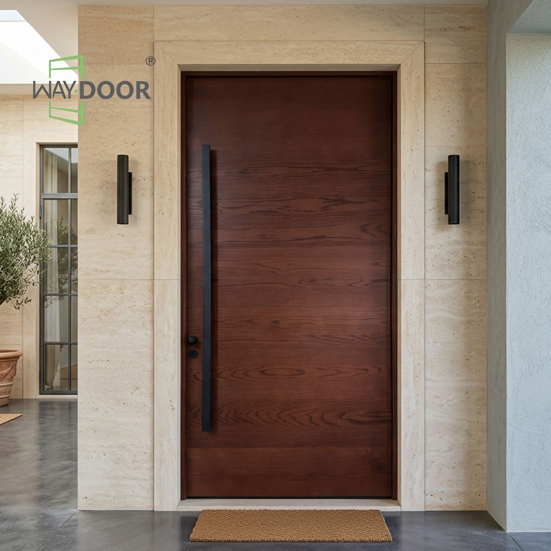 Puertas de entrada exteriores pivotantes de madera maciza de caoba y roble, de gran tamaño y acabado liso, hechas a medida para casas. Puertas de entrada de alta resistencia con sistema de seguridad.