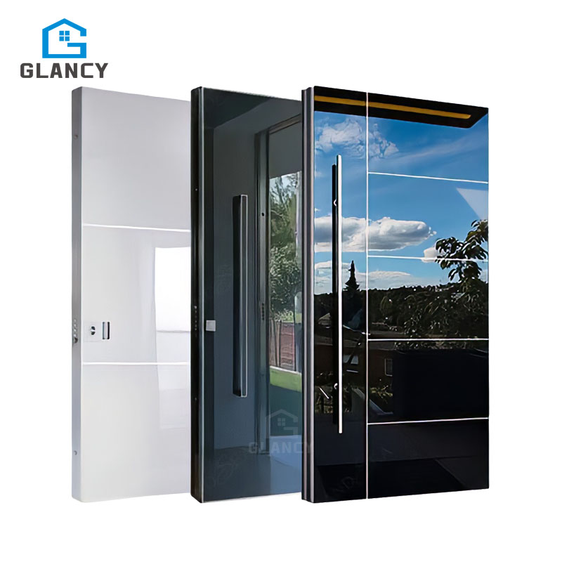 Puertas pivotantes de acero negro y aluminio para entrada principal de casa, más económicas.