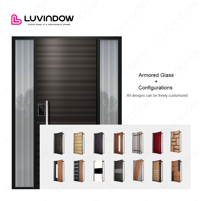 Villas de diseño moderno con puertas pivotantes de aluminio con marco de perfil negro para la entrada principal de viviendas.