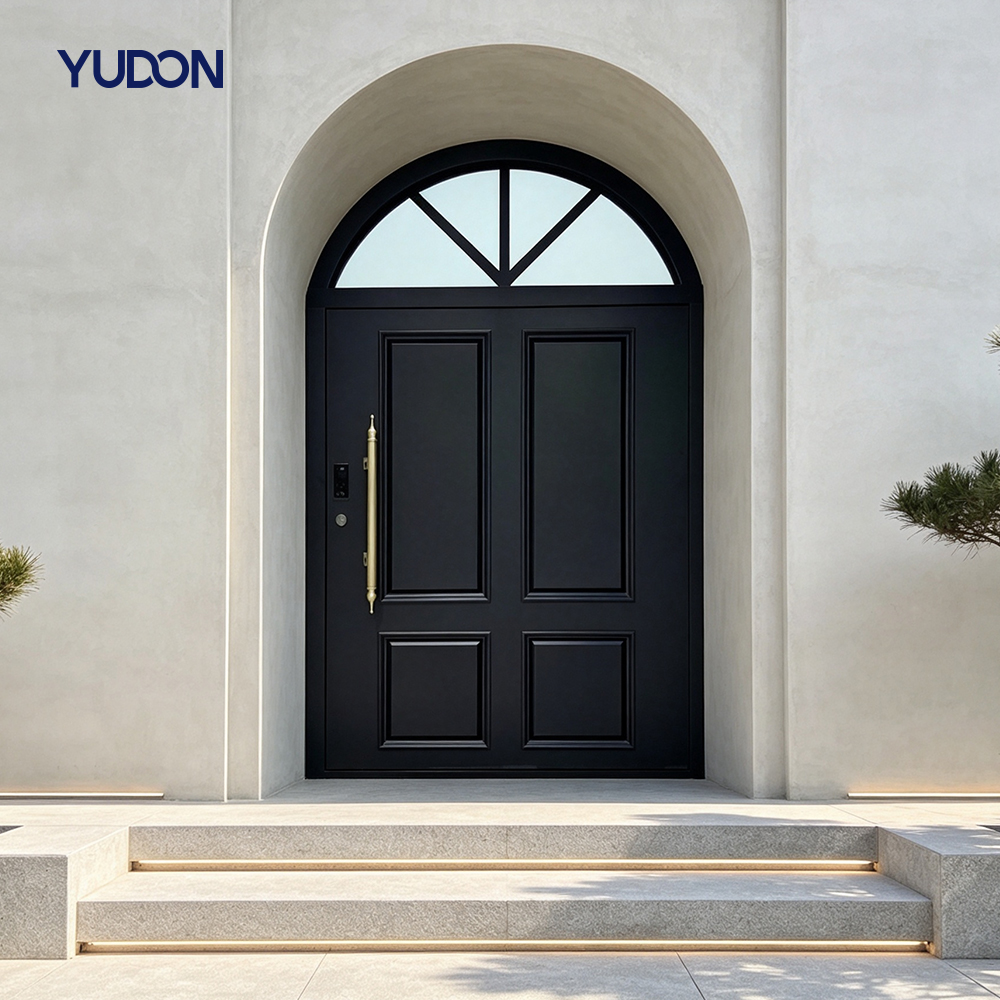 Puerta de entrada de aluminio y vidrio YUDON DOOR con cerradura inteligente, resistente a la corrosión, antirrobo y al fuego, ideal para casas y villas costeras.