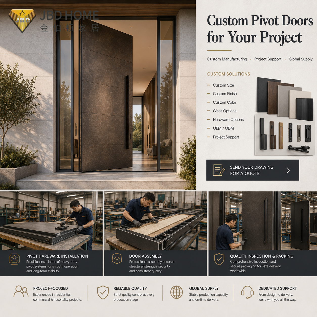 Puertas de entrada pivotantes modernas de madera maciza OEM/ODM, sistema de entrada de seguridad exterior, hechas a medida para villas y hoteles.