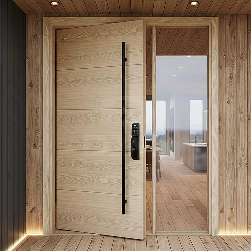 Lujosa puerta de entrada principal de madera maciza de diseño irregular y fluido para viviendas residenciales modernas.