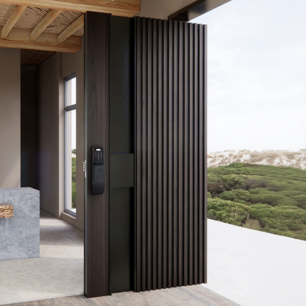 Puertas de entrada de madera con acabado especial, insonorizadas y antirrobo, especialmente diseñadas para hogares, hoteles y villas. Estilo minimalista para exteriores.