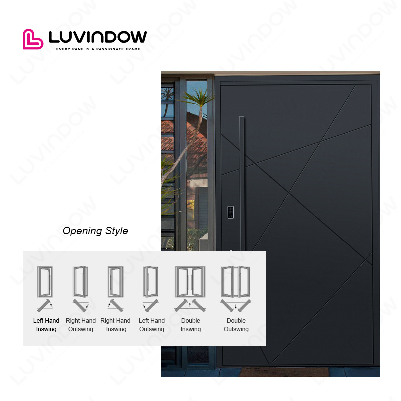 Villas de diseño moderno con puertas pivotantes de aluminio con marco de perfil negro para la entrada principal de viviendas.