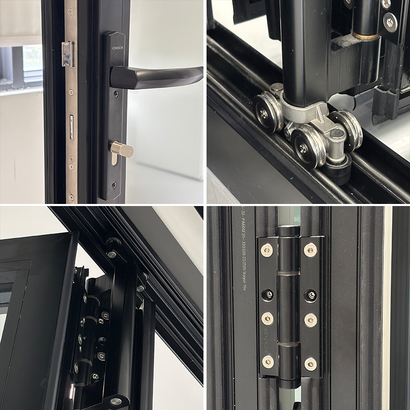Puerta plegable vertical de aluminio para exteriores, estándar estadounidense, con doble acristalamiento templado, aislante e impermeable, para patio y balcón.