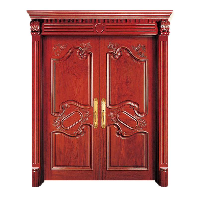 Puertas de entrada dobles de madera maciza de caoba, de estilo tradicional, con apertura manual y superficie acabada, ideales para villas.