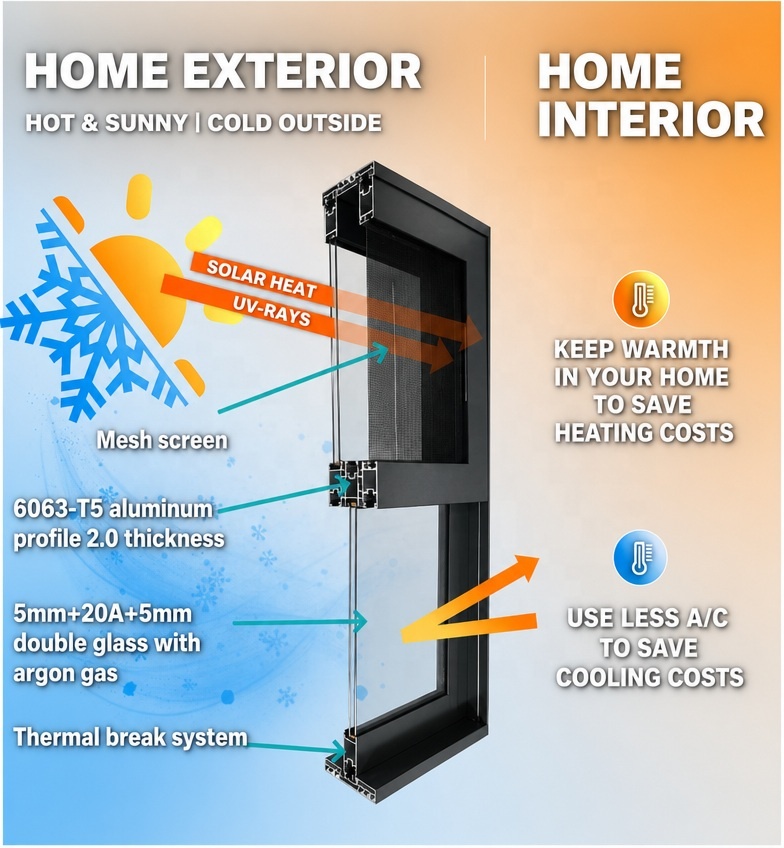Ventanas y puertas modernas de aluminio con marco abatible, lamas, doble acristalamiento de baja emisividad (Low-E) para ahorro energético y sistema oscilobatiente.
