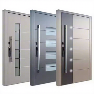 Puertas de entrada pivotantes modernas de acero inoxidable, puertas de seguridad para entrada de villas de lujo, puertas exteriores frontales de aluminio y metal para uso residencial.