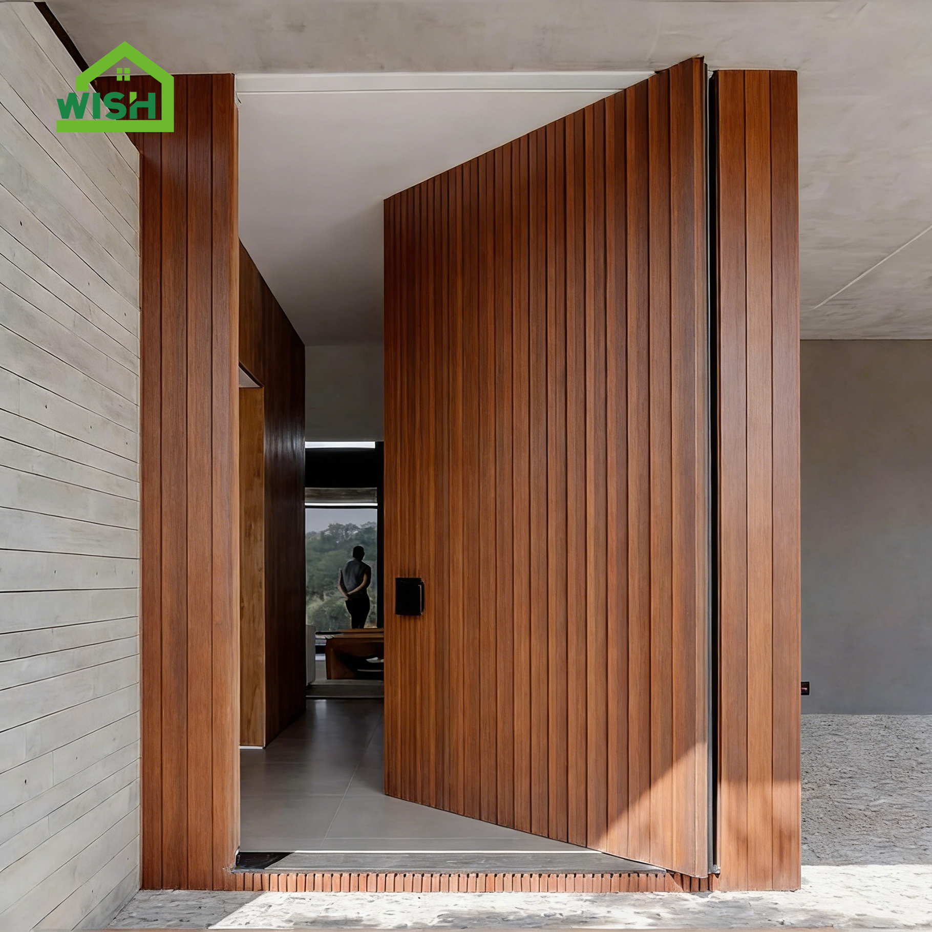 Diseño de puerta de entrada pivotante con acabado insonorizado y madera maciza para villa de lujo.