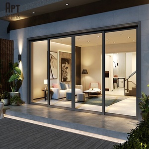 Puerta corredera de cristal moderna sin marco de aluminio para entrada de balcón de villa, resistente a la intemperie y de funcionamiento suave y eficiente energéticamente.