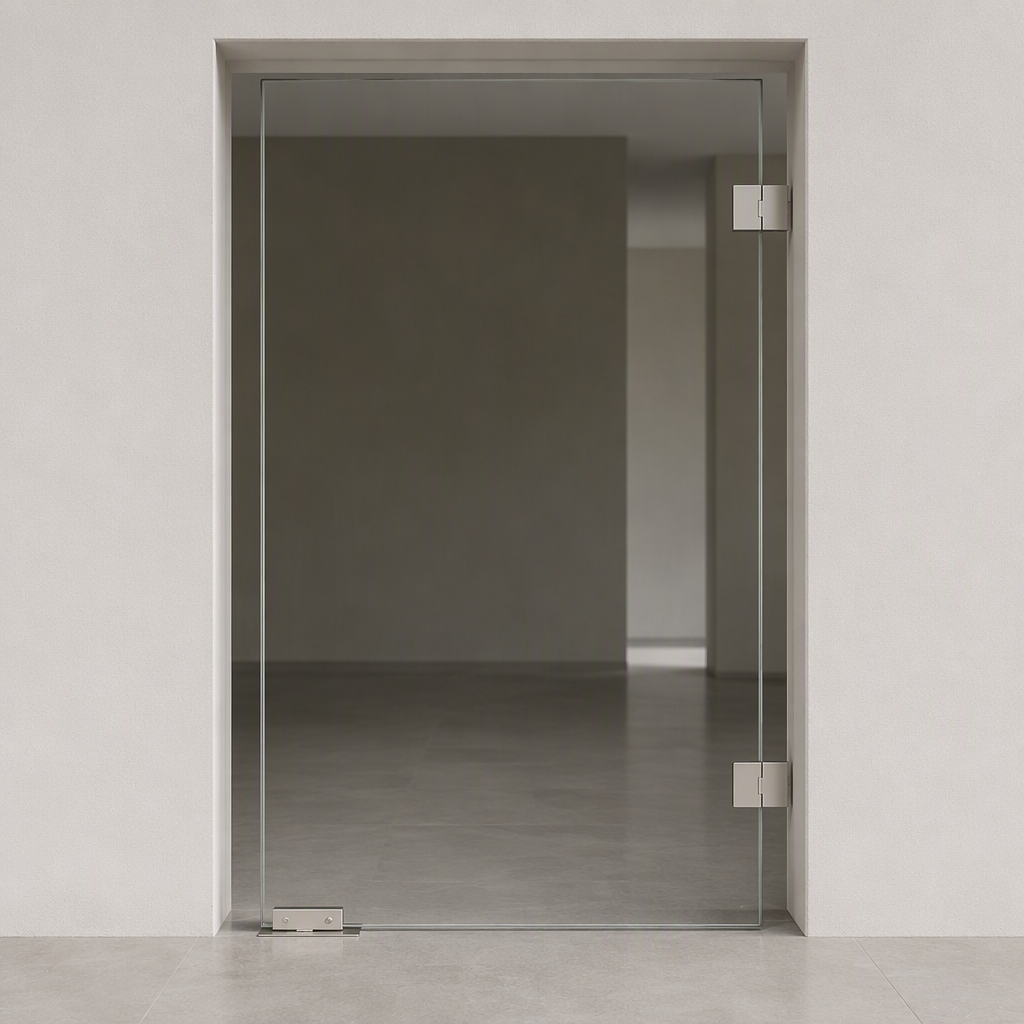 Puerta de vidrio sin marco con panel de seguridad laminado transparente de 10,38 mm para entrada.