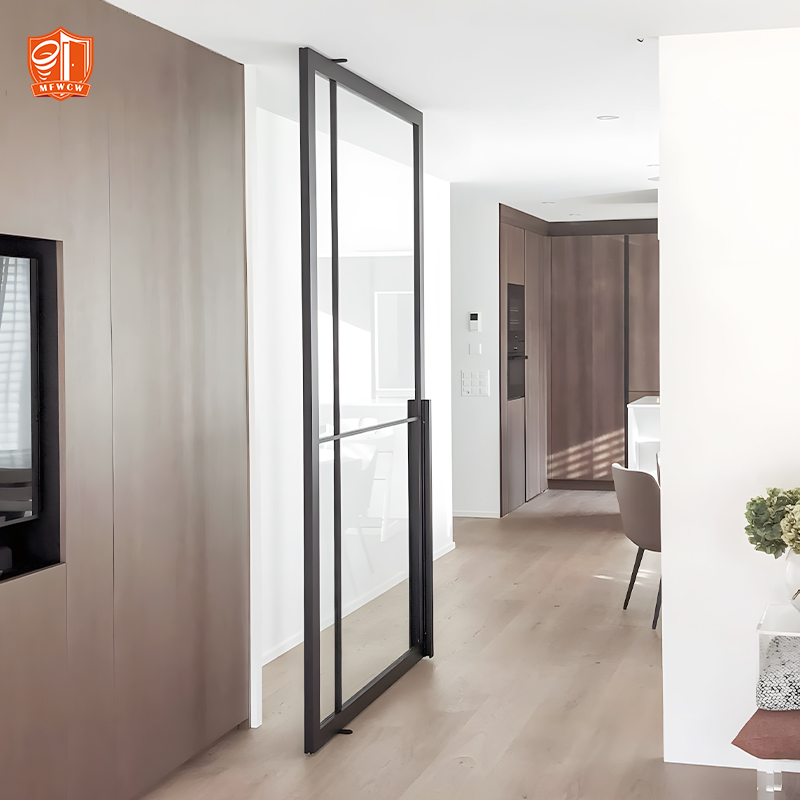 Puertas pivotantes de la serie Slimline de la fábrica Foshan: marco con aspecto de acero y cristal.